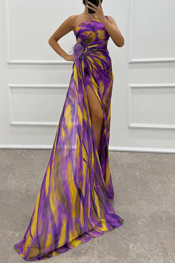 Renee® | Amazing Views off shoulder pleated slit maxi dress with feather rose detail in watercolor print