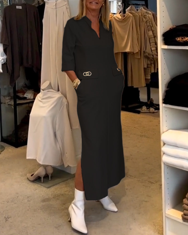 Magaly® | Solid Color Slit Dress With 3/4 Sleeves