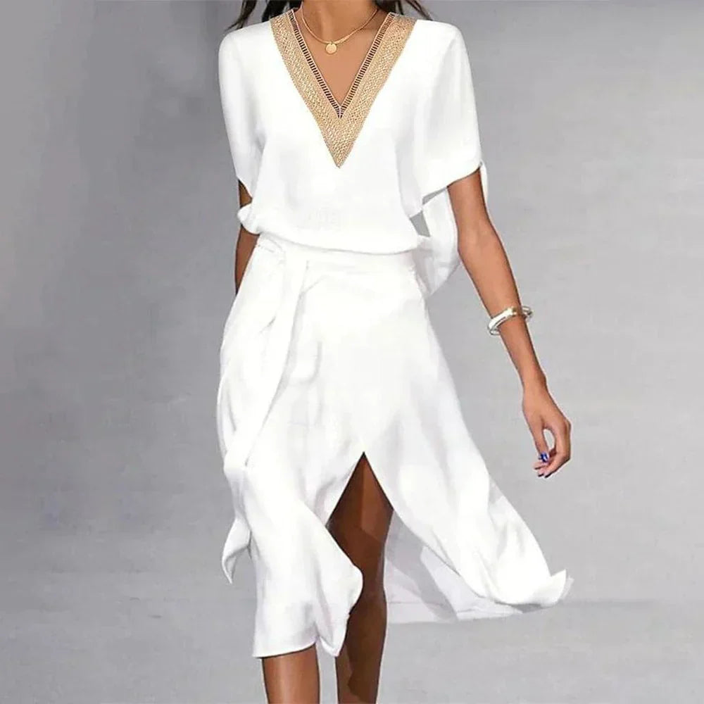 Angela® | Modern women's midi dress with V-neck