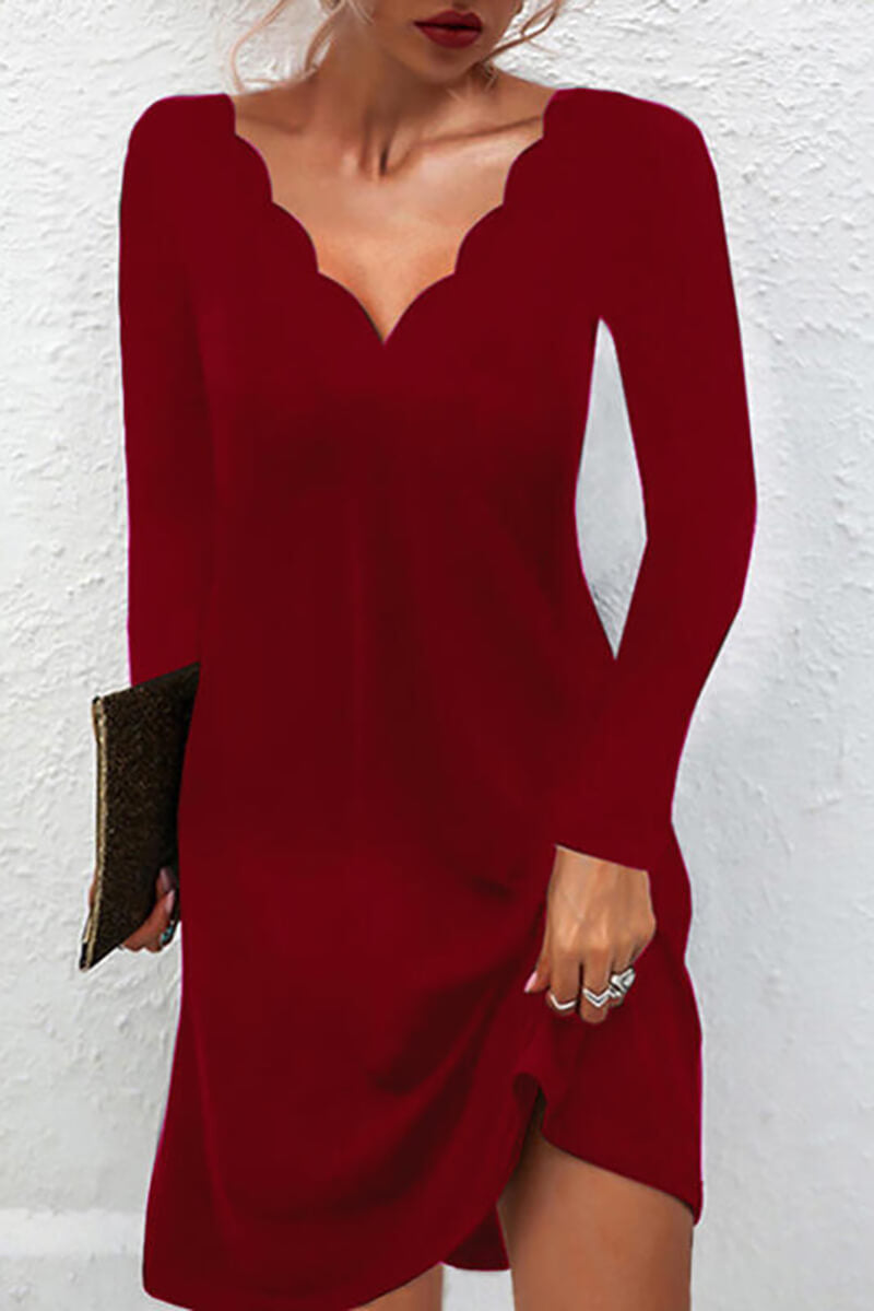 Diana® | Long sleeve V-neck dress with scalloped hem