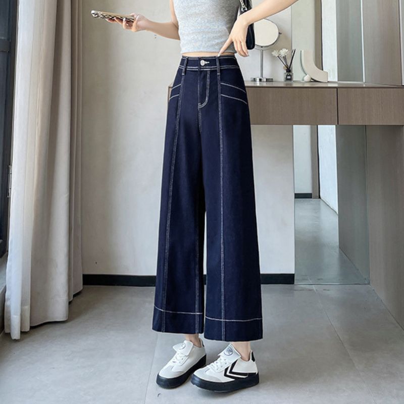 Double-Stitch Wide-Leg Ankle Denim Pants