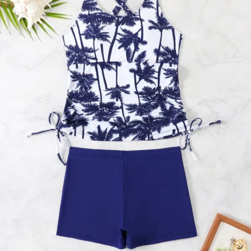 Julia | Women’s Palm Tree Printed Tankini – Two-Piece Boxer Swimsuit