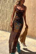 Griselda® | Midi dress with a unique gypsy style print, cowl neckline at the back, lace-up fastening and slit