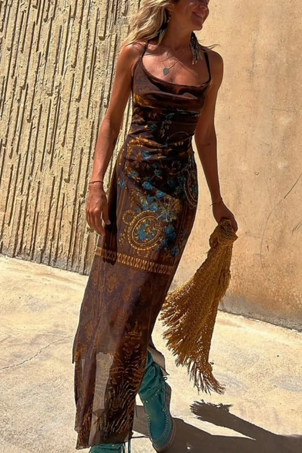 Griselda® | Midi dress with a unique gypsy style print, cowl neckline at the back, lace-up fastening and slit