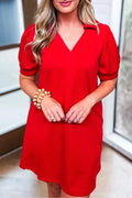 Audrey® | Fiery red structured mini dress with V-neck and puff sleeves