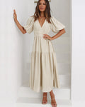 Claudia® | Ruffle midi dress with V-neck and puff sleeves