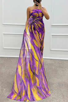 Renee® | Amazing Views off shoulder pleated slit maxi dress with feather rose detail in watercolor print