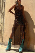Griselda® | Midi dress with a unique gypsy style print, cowl neckline at the back, lace-up fastening and slit