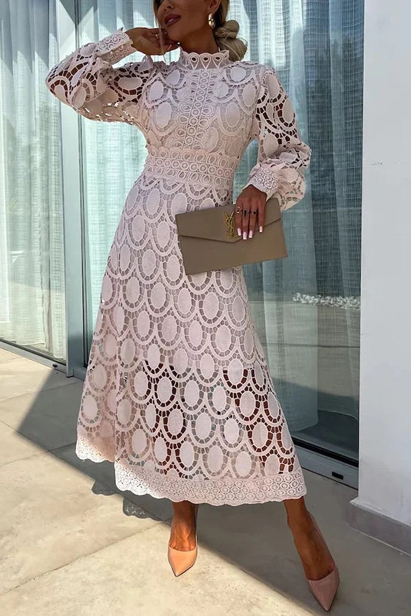 Francisca® | Romantic, sensual and elegant party midi dress with crochet lace and lantern sleeves
