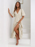 Claudia® | Ruffle midi dress with V-neck and puff sleeves