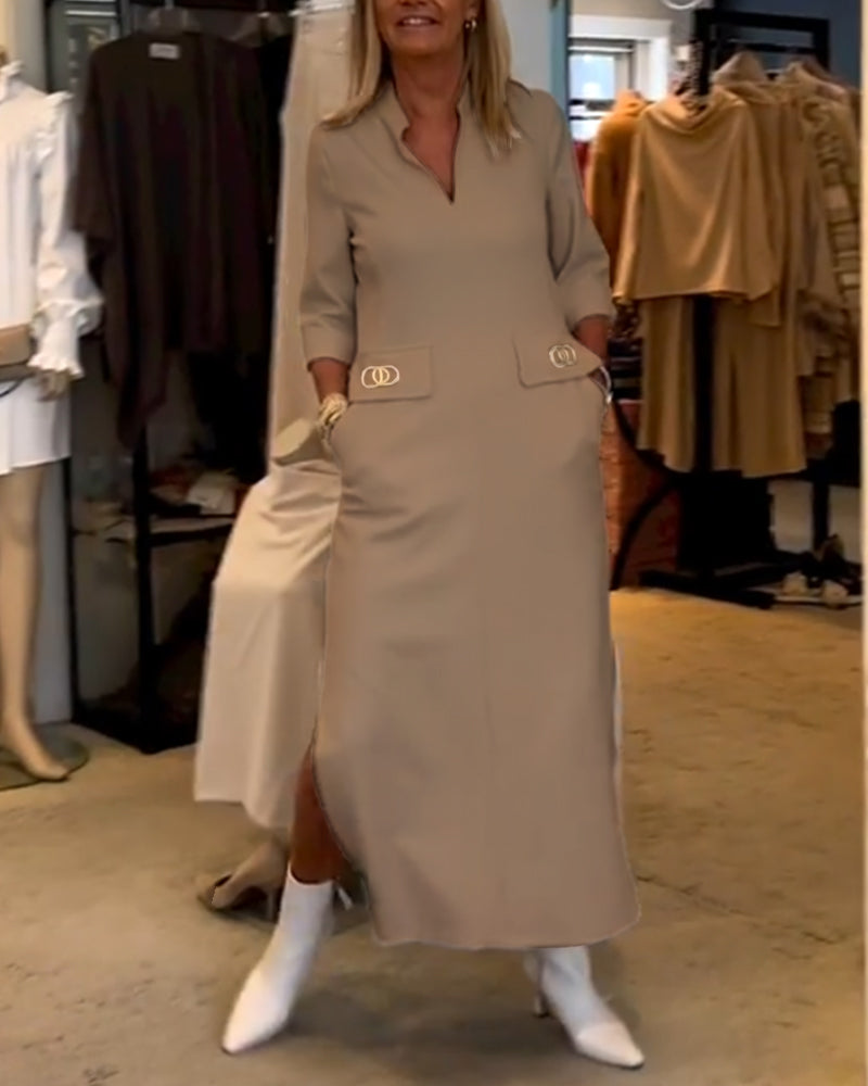 Magaly® | Solid Color Slit Dress With 3/4 Sleeves