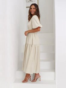 Claudia® | Ruffle midi dress with V-neck and puff sleeves