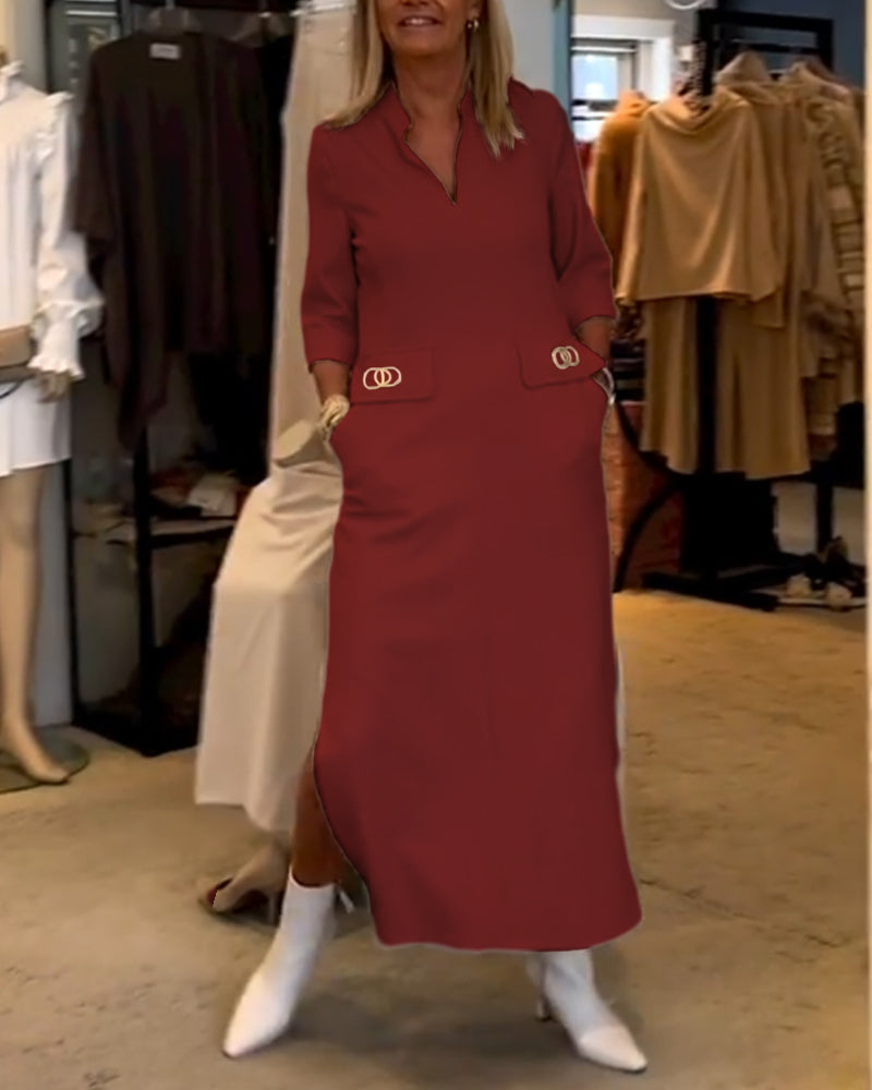 Magaly® | Solid Color Slit Dress With 3/4 Sleeves