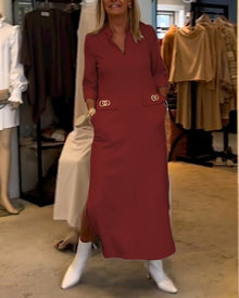 Magaly® | Solid Color Slit Dress With 3/4 Sleeves