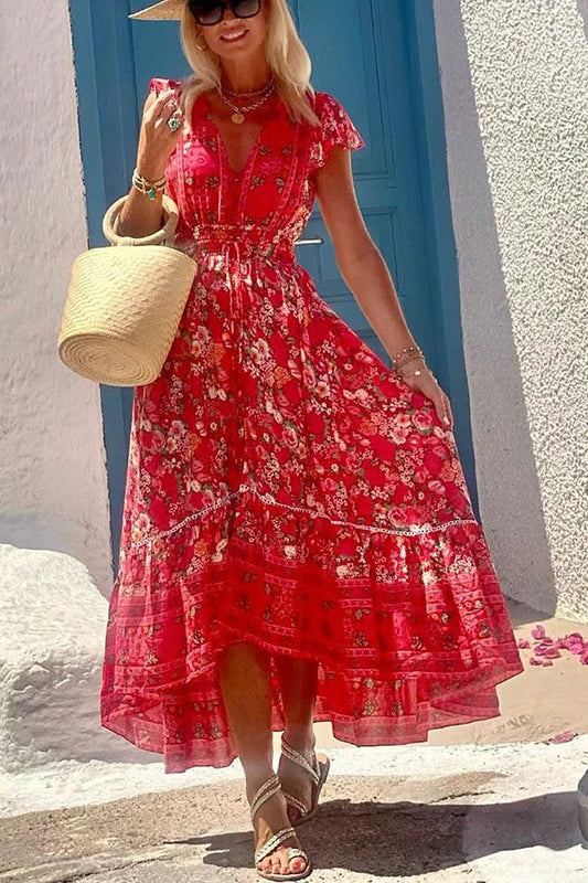 Oriana® | Summer in Greece boho print, ruffle sleeves, elastic waist, high-low midi dress