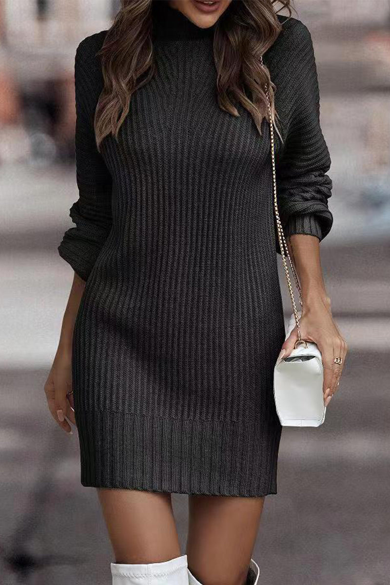 Sara | Casual solid patchwork dresses with turtleneck and one tier skirt
