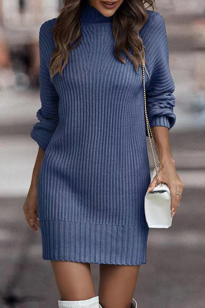 Sara | Casual solid patchwork dresses with turtleneck and one tier skirt