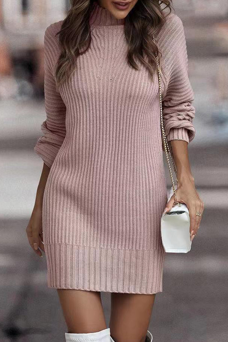 Sara | Casual solid patchwork dresses with turtleneck and one tier skirt