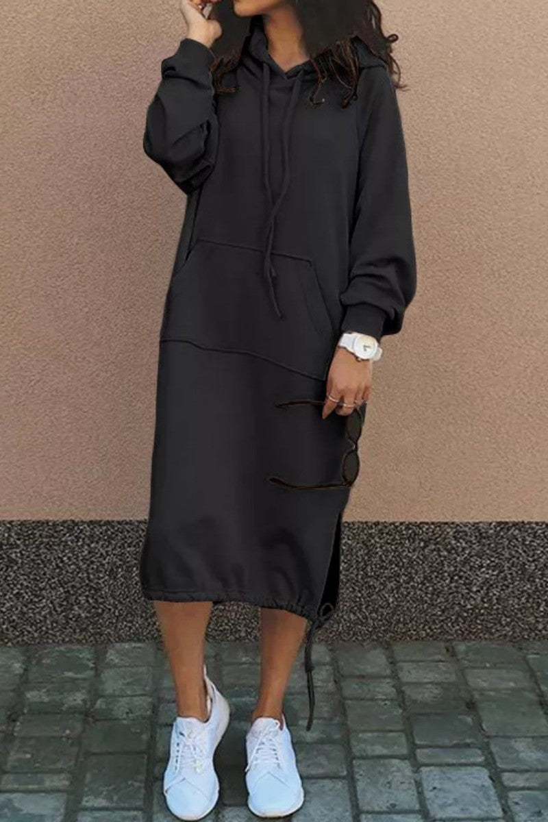 Genoveva | Casual solid patchwork dresses with hood and long sleeves