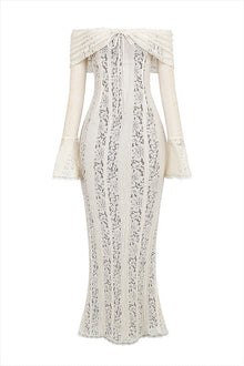 Leila® | Off Shoulder Floral Lace Flared Sleeve Fishtail Maxi Dress - White