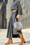 Natalia | Casual British style dresses with leopard pleat and belt, O-neck and waist skirt