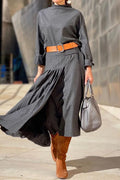 Natalia | Casual British style dresses with leopard pleat and belt, O-neck and waist skirt