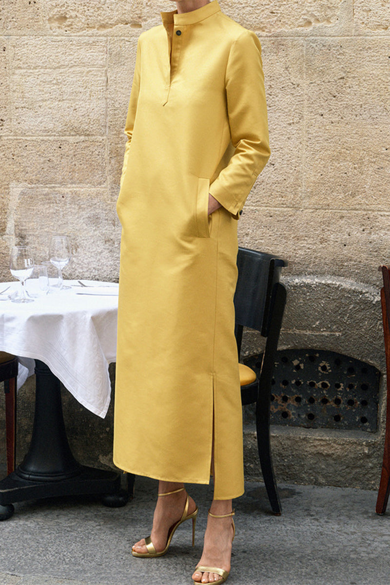 Zulema | Casual solid color long sleeve dresses with stand-up collar and pockets
