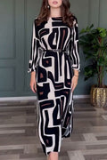 Alida | Vintage geometric print dress with slit and belt, O-neck, single tier skirt