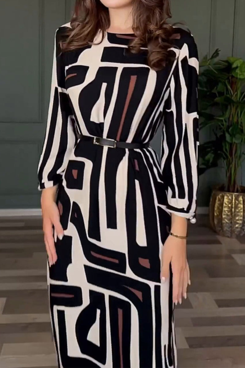 Alida | Vintage geometric print dress with slit and belt, O-neck, single tier skirt