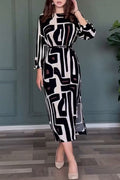 Alida | Vintage geometric print dress with slit and belt, O-neck, single tier skirt