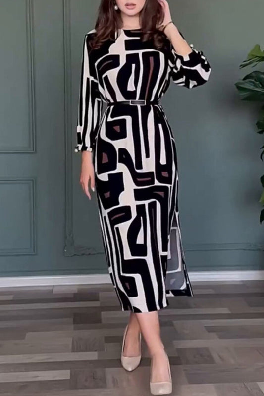 Alida | Vintage geometric print dress with slit and belt, O-neck, single tier skirt