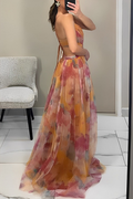 Paloma® | Sexy backless contrast long dresses with gradient print and V-neck