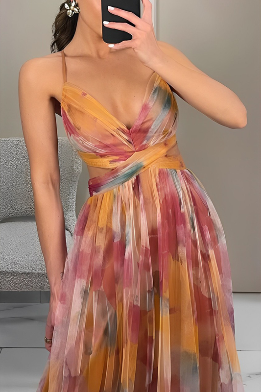 Paloma® | Sexy backless contrast long dresses with gradient print and V-neck
