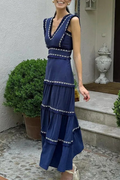 Linda® | Elegant solid color sleeveless patchwork dresses with fringe trim and V-neck