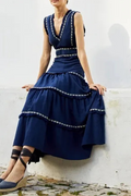 Linda® | Elegant solid color sleeveless patchwork dresses with fringe trim and V-neck
