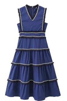 Linda® | Elegant solid color sleeveless patchwork dresses with fringe trim and V-neck