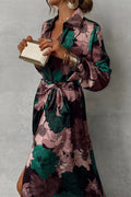 Jimena® | Daily elegant floral print lace-up shirt dresses with slit and turn-down collar