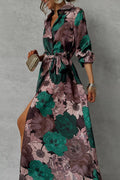 Jimena® | Daily elegant floral print lace-up shirt dresses with slit and turn-down collar
