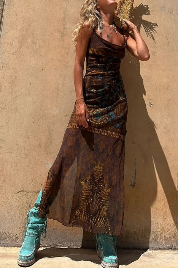 Griselda® | Midi dress with a unique gypsy style print, cowl neckline at the back, lace-up fastening and slit
