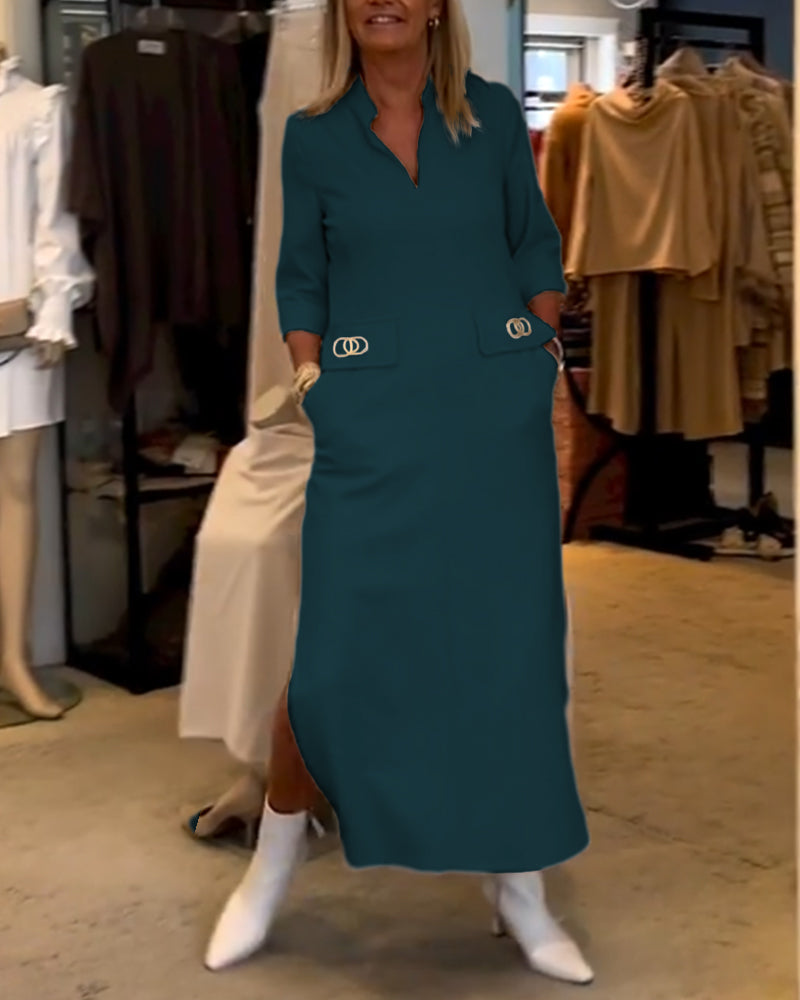 Magaly® | Solid Color Slit Dress With 3/4 Sleeves