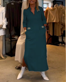 Magaly® | Solid Color Slit Dress With 3/4 Sleeves