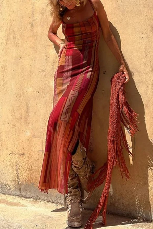 Griselda® | Midi dress with a unique gypsy style print, cowl neckline at the back, lace-up fastening and slit