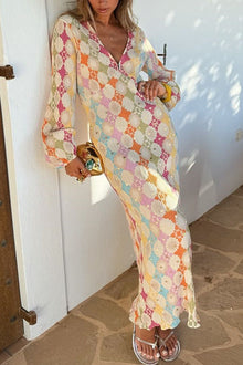 Yolanda® | V-Neck Lantern Sleeves Geometric Print Maxi Dress