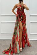 Renee® | Amazing Views off shoulder pleated slit maxi dress with feather rose detail in watercolor print
