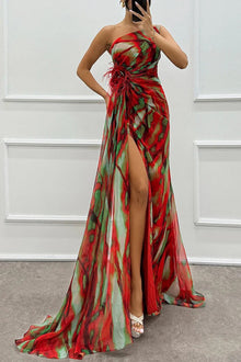 Renee® | Amazing Views off shoulder pleated slit maxi dress with feather rose detail in watercolor print