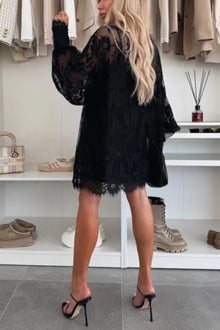 Iliana® | Night Rose A-line mini dress with lace bow and long balloon sleeves