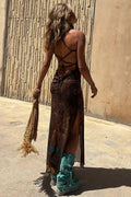 Griselda® | Midi dress with a unique gypsy style print, cowl neckline at the back, lace-up fastening and slit