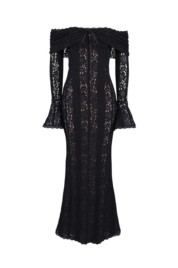 Leila® | Off Shoulder Floral Lace Flared Sleeve Fishtail Maxi Dress - White