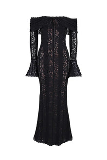 Leila® | Off Shoulder Floral Lace Flared Sleeve Fishtail Maxi Dress - White