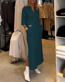 Magaly® | Solid Color Slit Dress With 3/4 Sleeves